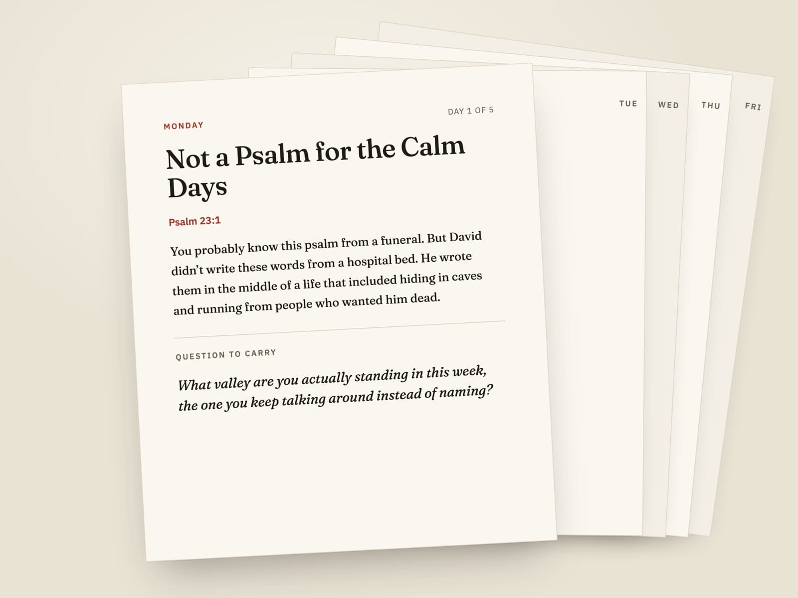 Monday of a five-day devotional: title, verse, reflection, and a question to carry.