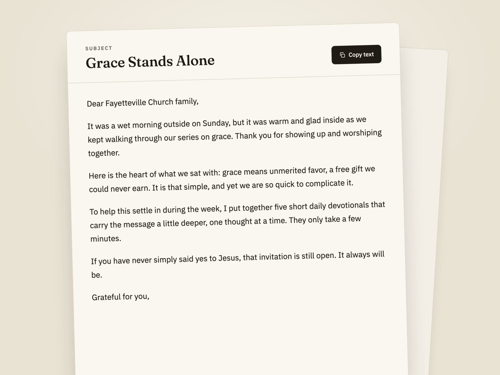 The weekly email, subject Grace Stands Alone, ready to copy.