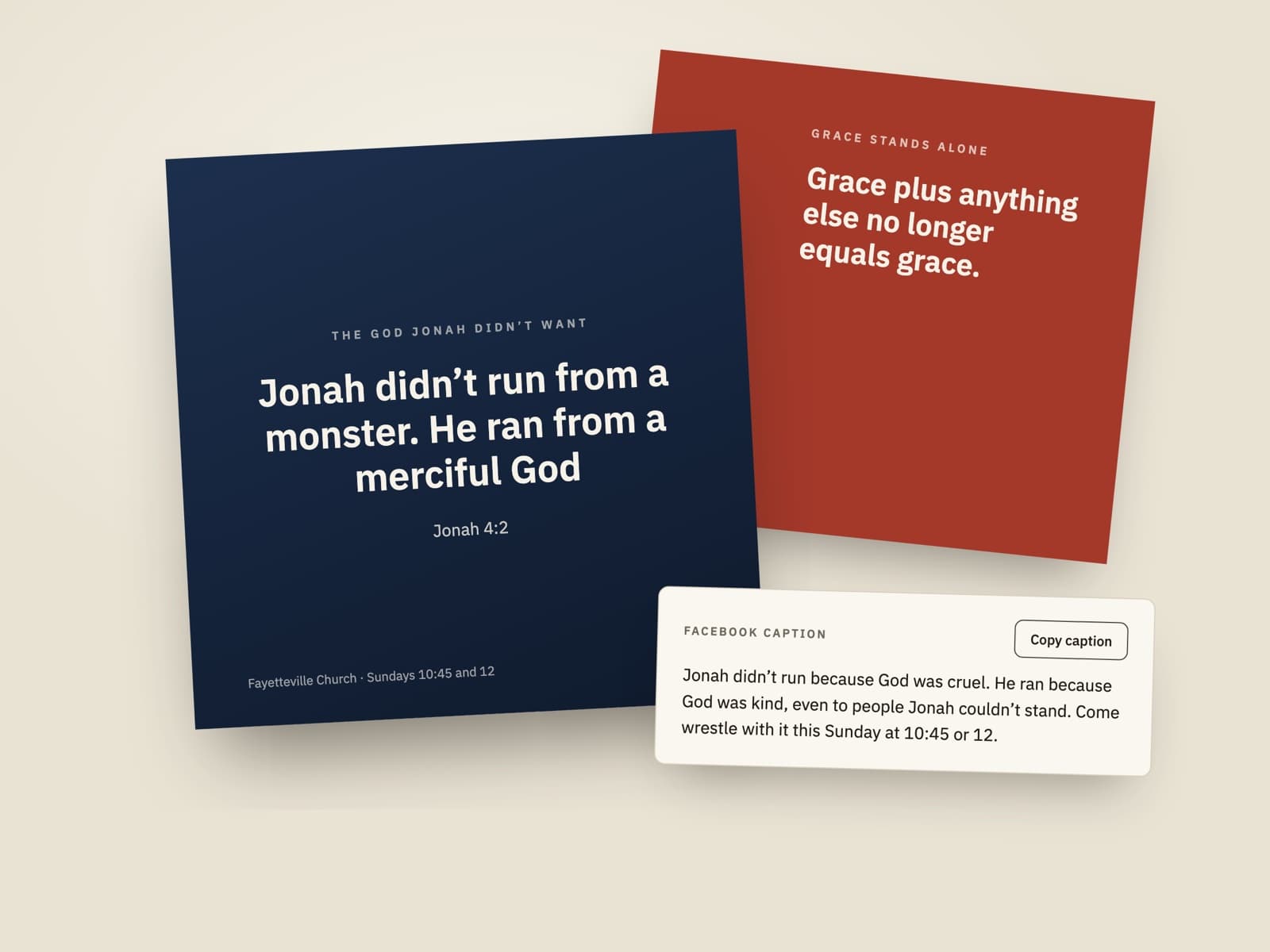 Two sermon quote cards and a Facebook caption ready to copy.