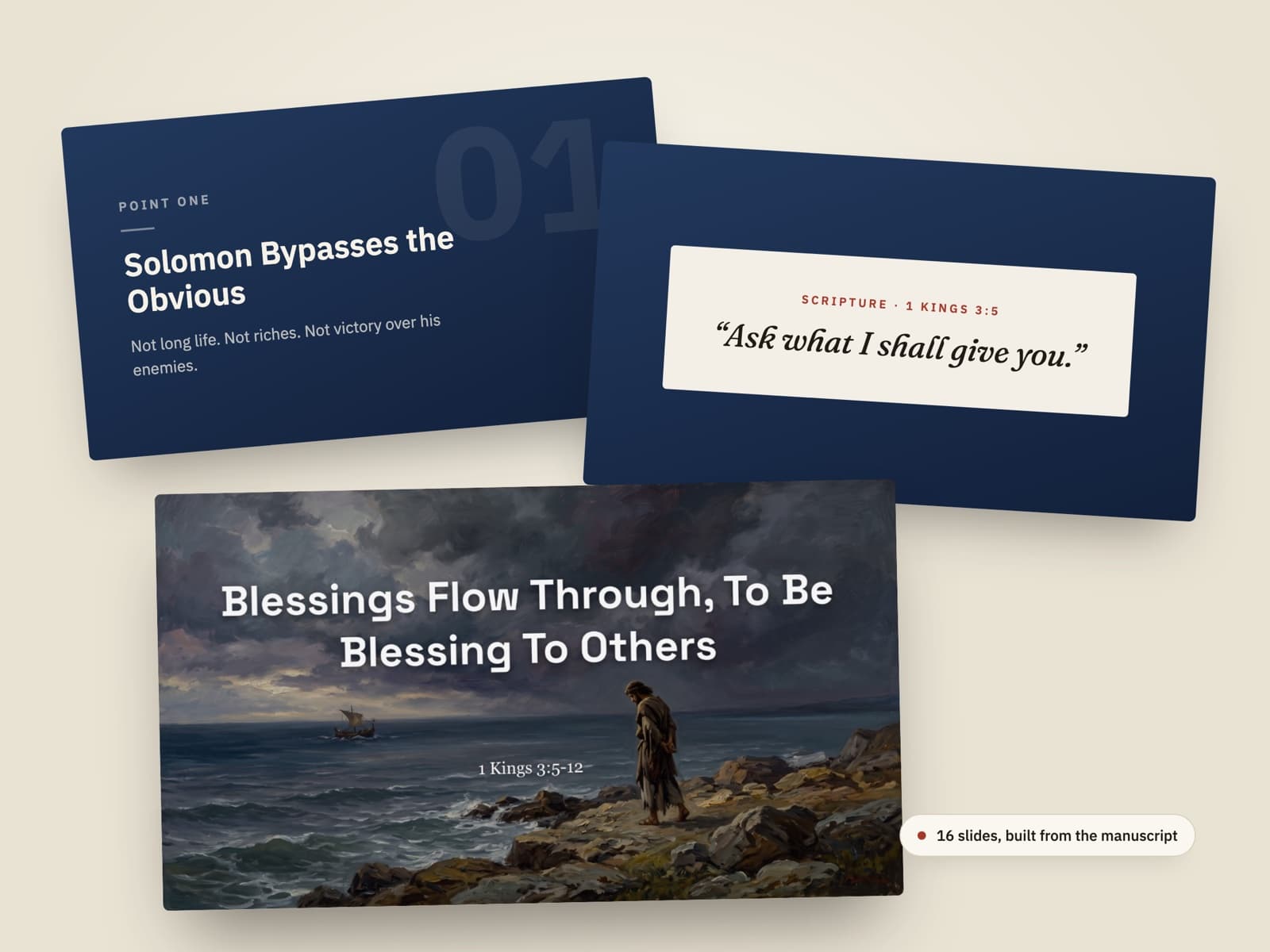 Three sermon slides: a point slide, a scripture slide, and a painted title slide.